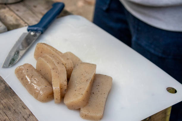 Cut konjac in outdoor kitchen